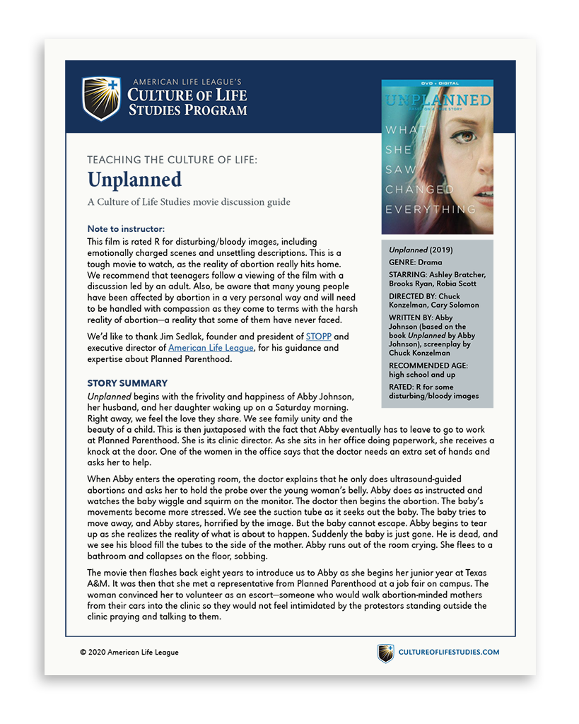 Movie Discussion Guide: Unplanned (FREE Download) – American Life League